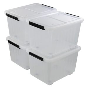 qqbine 30 quart large clear storage boxes with wheels, plastic large latching bins with lids, 4-pack