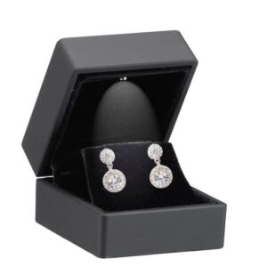 allure – luxury earring box with led light, square shaped elegant diamond earring case, for unique proposal, engagement or wedding, small, black velvet interior jewelry display gift box.