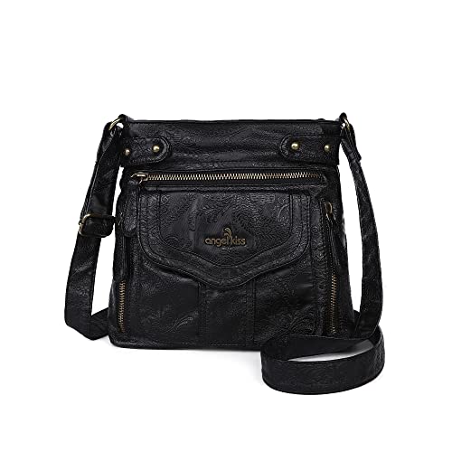 Angel Kiss Crossbody Purse for Women Multi Pockets Bags Retro Vegan Designer Leather Women's Shoulder Handbags (Black)