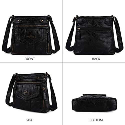 Angel Kiss Crossbody Purse for Women Multi Pockets Bags Retro Vegan Designer Leather Women's Shoulder Handbags (Black)