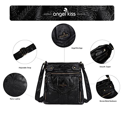 Angel Kiss Crossbody Purse for Women Multi Pockets Bags Retro Vegan Designer Leather Women's Shoulder Handbags (Black)