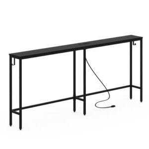 LEOMONIO 7.9" Narrow Sofa Table with Outlet, 70.9" Long Console Table Behind Couch, Skinny Table with Detachable Hooks and Charging Station for Entryway, Hallway, Living Room, Metal Frame & Black Wood