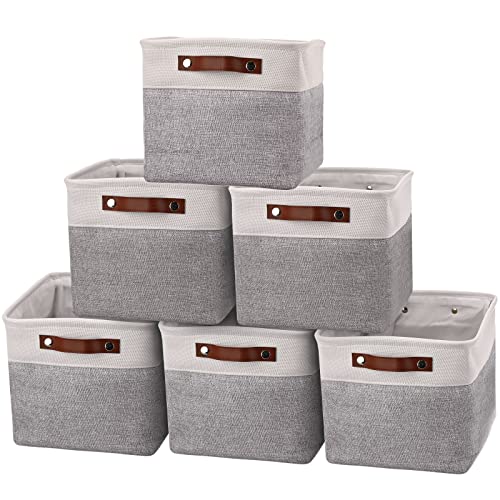 6 Pack Storage Baskets for Shelves Large Closet Storage Bins Foldable Fabric Storage Cubes Organizer with Leather Handles for Laundry Nursery Home Office Gifts, Grey and White, 15 x 11 x 9.5 Inch