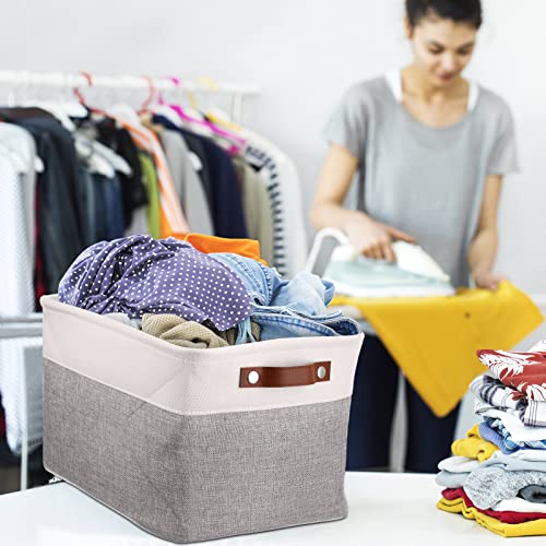 6 Pack Storage Baskets for Shelves Large Closet Storage Bins Foldable Fabric Storage Cubes Organizer with Leather Handles for Laundry Nursery Home Office Gifts, Grey and White, 15 x 11 x 9.5 Inch
