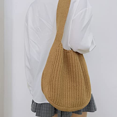 Aesthetic Hobo bag for women Knitted Messenger Bag Large Capacity Tote Bag Cute Crochet Shoulder Bag Fairycore Handbag (Tan)