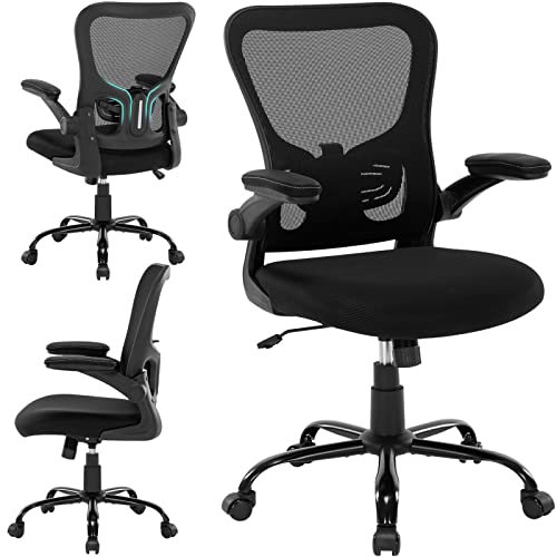 Office Chair Ergonomic Desk Chair - Mesh Thick Foam Cushion Adjustable Height Computer Chair with Lumbar Support and Flip-up Armrests, Home Office Desk Chairs, Swivel Executive Task Chair, Black