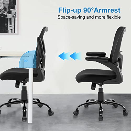 Office Chair Ergonomic Desk Chair - Mesh Thick Foam Cushion Adjustable Height Computer Chair with Lumbar Support and Flip-up Armrests, Home Office Desk Chairs, Swivel Executive Task Chair, Black