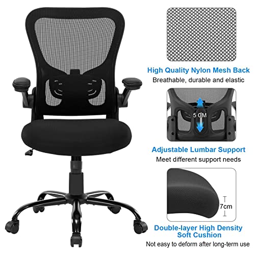 Office Chair Ergonomic Desk Chair - Mesh Thick Foam Cushion Adjustable Height Computer Chair with Lumbar Support and Flip-up Armrests, Home Office Desk Chairs, Swivel Executive Task Chair, Black