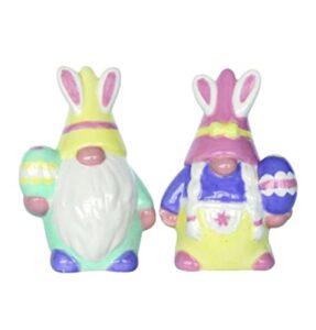 gnome couple with bunny ears holding an egg easter salt & pepper shaker set collectible figurine by shelly cominsky. 3.75in tall