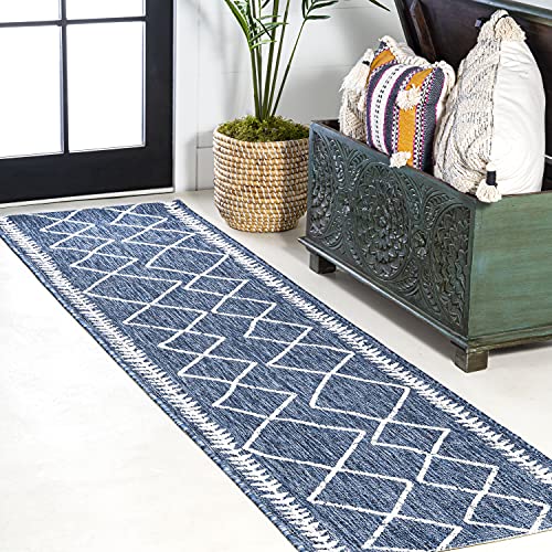 Eyely BMS129C-210 Santa Monica Derya Tribal Diamond Trellis Indoor/Outdoor Runner Rug Modern;Bohemian;Rustic, Bedroom, Kitchen, Backyard, Patio, Easy-Cleaning, Non-Shedding, 2 X 10, Blue/Ivory