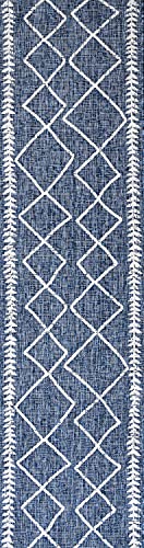 Eyely BMS129C-210 Santa Monica Derya Tribal Diamond Trellis Indoor/Outdoor Runner Rug Modern;Bohemian;Rustic, Bedroom, Kitchen, Backyard, Patio, Easy-Cleaning, Non-Shedding, 2 X 10, Blue/Ivory