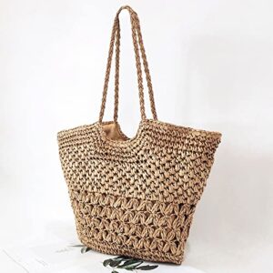 Aktudy Summer Straw Woven Bag Handmade Hollow Beach Vacation Bags Fashion Simple Exquisite Large Capacity for Seaside Holiday