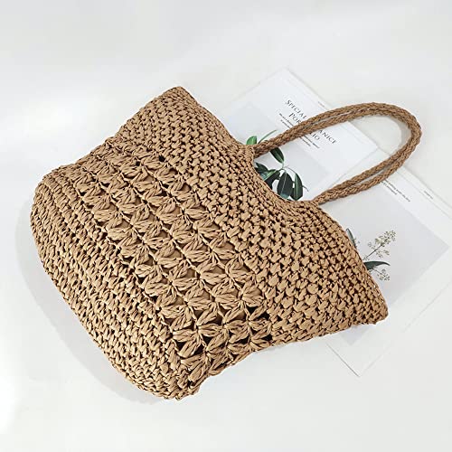 Aktudy Summer Straw Woven Bag Handmade Hollow Beach Vacation Bags Fashion Simple Exquisite Large Capacity for Seaside Holiday