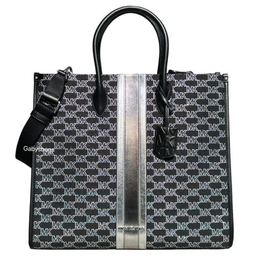 Michael Kors Mirella Large Tote Crossbody Black Jacquard Silver Glitter MK Logo (Black Silver Multi)