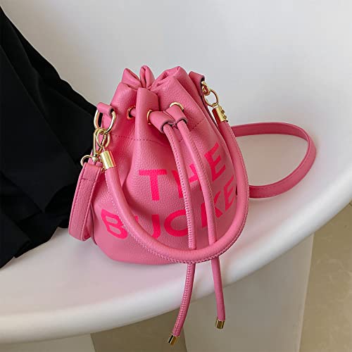 JQAliMOVV The Bucket Bags for Women, Mini Leathe Bucket Bag Purses Drawstring Closure Crossbody Handbags Hobo Bag (Rose Red)