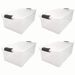 homz multipurpose 66 quart clear storage container tote bins with secure latching lids for home or office organization (4 pack)