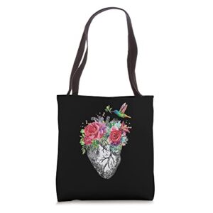 anatomical heart and flowers tote bag