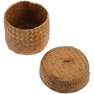 doitool mini round seagrass basket with lid, hand woven basket for gifts empty decorative wicker storage basket with lids for organizing, tabletop decorative flower storage basket ( yellow, 12x9cm )