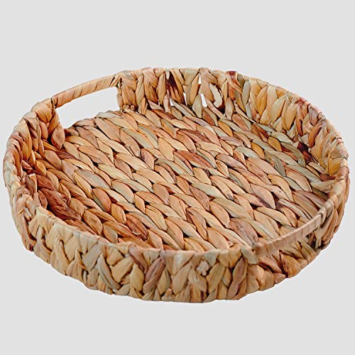 Hand-Weaving Natural Water Hyacinth Storage Baskets,Wicker Serving Trays with Built-in Handles，Open Storage Organizer Serving Basket,Perfect for Shelving Units