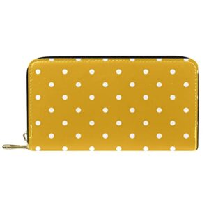 wallet leather mustard yellow white polka dot leather zip long purse