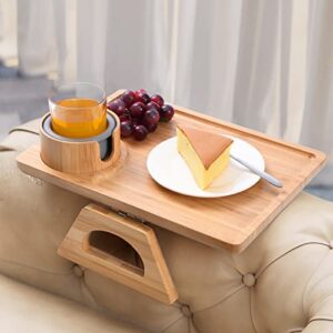 bs-vog couch arm table tray, bamboo sofa armrest clip on tray with removable couch cup holder, portable recliner arm rest organizer for eating, drinks, snacks, remote, phone, no installation