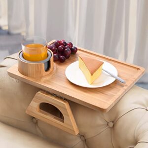 BS-VOG Couch Arm Table Tray, Bamboo Sofa Armrest Clip on Tray with Removable Couch Cup Holder, Portable Recliner Arm Rest Organizer for Eating, Drinks, Snacks, Remote, Phone, No Installation