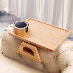 BS-VOG Couch Arm Table Tray, Bamboo Sofa Armrest Clip on Tray with Removable Couch Cup Holder, Portable Recliner Arm Rest Organizer for Eating, Drinks, Snacks, Remote, Phone, No Installation