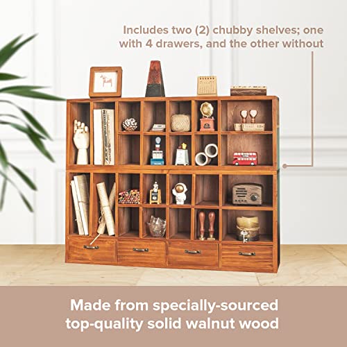 Wood Cabinet Floating Shelves (Set of 2) - Includes 1 Cubby Shelf w/ 12 Slots & 4 Drawers and 1 Wide Wooden Shelf - Stackable Farmhouse Decor Walnut Wood Cabinet - Total of 26 Compartments