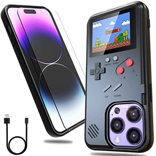 Gameboy Phone Case for iPhone 14 with Tempered Glass Phone Screen Protector,Playable 36 Retro Classic Games, Handheld Video Game Console iPhone Case(for iPhone 14(6.1'), Black)