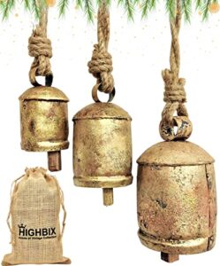 highbix set of 3 harmony cow bells vintage handmade rustic lucky christmas hanging bells on rope