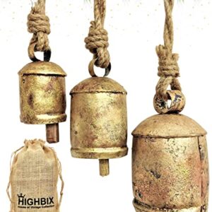 HIGHBIX Set of 3 Harmony Cow Bells Vintage Handmade Rustic Lucky Christmas Hanging Bells On Rope