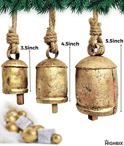 HIGHBIX Set of 3 Harmony Cow Bells Vintage Handmade Rustic Lucky Christmas Hanging Bells On Rope