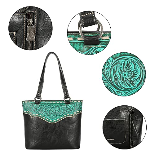 Trinity Ranch Tooled Collection Concealed Carry Tote for Women Large Top Handle Bag Western Handbags with Wallet TR150G-8317BK+W