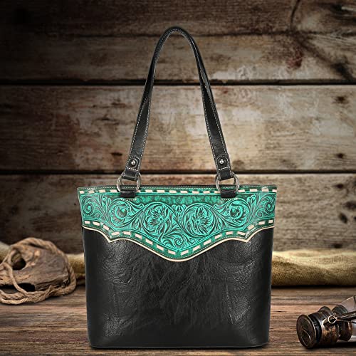 Trinity Ranch Tooled Collection Concealed Carry Tote for Women Large Top Handle Bag Western Handbags with Wallet TR150G-8317BK+W