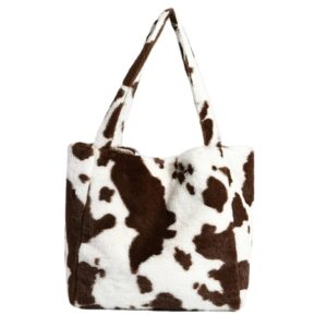 fluffy cow printed tote bag y2k fuzzy shoulder bag plush aesthetic purse underarm bag for autumn winter (brown)