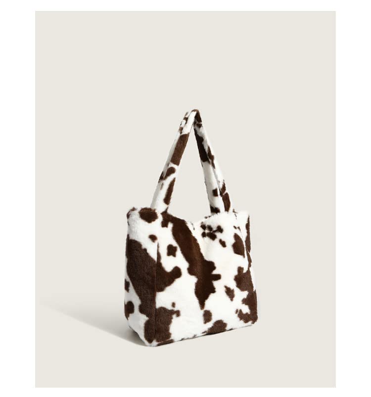 Fluffy Cow Printed Tote Bag Y2K Fuzzy Shoulder Bag Plush Aesthetic Purse Underarm Bag for Autumn Winter (Brown)