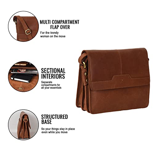 Zinda Genuine Leathers Women’s Handbag Flapover Crossbody Shoulder Sling Multipocket (Tan)