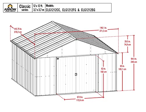 Arrow Sheds Classic 12' x 12' Outdoor Padlockable Steel Storage Shed Building, Charcoal