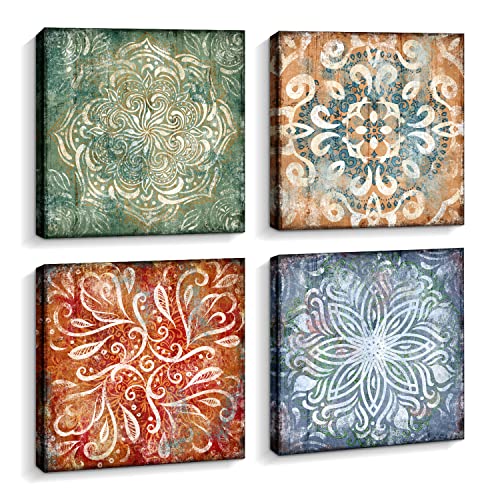 Pinetree Art Boho Flower Canvas Wall Art for Bedroom Modern Home Vintage Abstract Floral Print Artwork for Living Room Bathroom Wall Decor (Vintage Flowers, 12" x 12" x4)