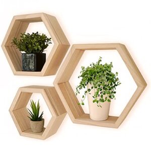 mronextday.com set of 3 wooden wall mounted hexagon floating shelves, hexagon shelves set for kitchen, living room, bedroom, hexagon shelves for decorations (honey oak)