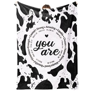 cow gifts for women, bible verse and cow print blanket, unique birthday inspirational throw blanket present, soft flannel blanket christian gift for her, friend