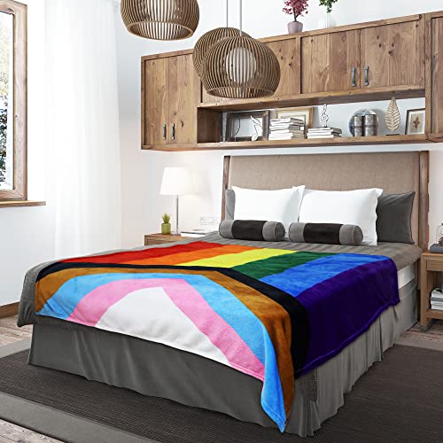 Progress Pride Super Plush Blanket - 50x60 Soft Throw Blanket - Perfect for Cuddle Season Progressive Pride LGBT Blanket