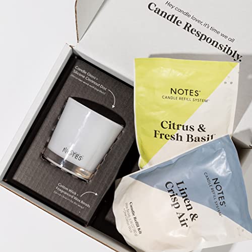 NOTES Sustainable Candle Kit | Non-Toxic Fragrance, Natural Wax Beads, Wick, Reusable Centering and Clean Out Disk, and a refillable Vessel-eco-Friendly-Linen & Crisp Air + Citrus & Fresh Basil