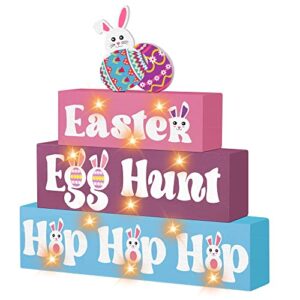 easter wooden block sign with led lights- easter egg hunt hop hop hop light up wood sign for table mantle – spring easter farmhouse home kitchen battery operated wooden sign tabletop tiered tray decor