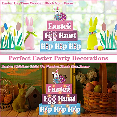 Easter Wooden Block Sign with Led Lights- Easter Egg Hunt Hop Hop Hop Light up Wood Sign for Table Mantle - Spring Easter Farmhouse Home Kitchen Battery Operated Wooden Sign Tabletop Tiered Tray Decor