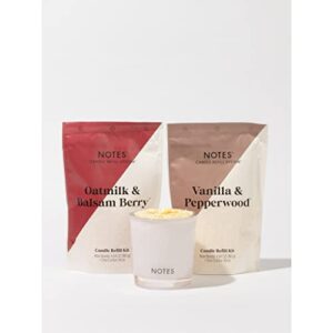 NOTES Sustainable Candle Refill Kit | Non-Toxic Fragrance, Natural Wax, Wick, Reusable Clean Out Disk, and a refillable Vessel-eco-Friendly-Oatmilk & Balsam Berry + Vanilla & Pepperwood