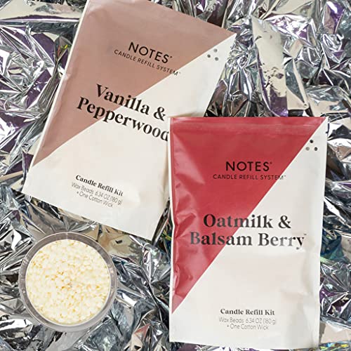 NOTES Sustainable Candle Refill Kit | Non-Toxic Fragrance, Natural Wax, Wick, Reusable Clean Out Disk, and a refillable Vessel-eco-Friendly-Oatmilk & Balsam Berry + Vanilla & Pepperwood