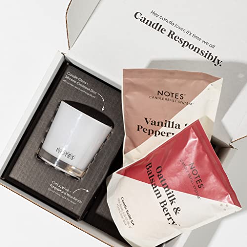 NOTES Sustainable Candle Refill Kit | Non-Toxic Fragrance, Natural Wax, Wick, Reusable Clean Out Disk, and a refillable Vessel-eco-Friendly-Oatmilk & Balsam Berry + Vanilla & Pepperwood