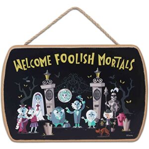 open road brands disney haunted mansion welcome foolish mortals hanging wood wall decor – fun halloween sign for home decorating
