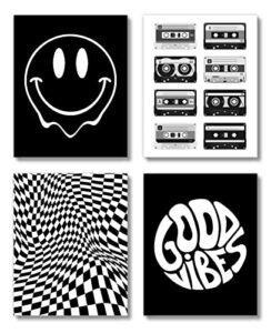 brooke & vine teen tween girl boy 70’s 80’s retro posters wall art prints (unframed 8 x 10) vintage good vibes smiley face black and white bathroom wall decor, restroom, bedroom, dorm, posters (smiley checkerboard cassette tapes – black and white)
